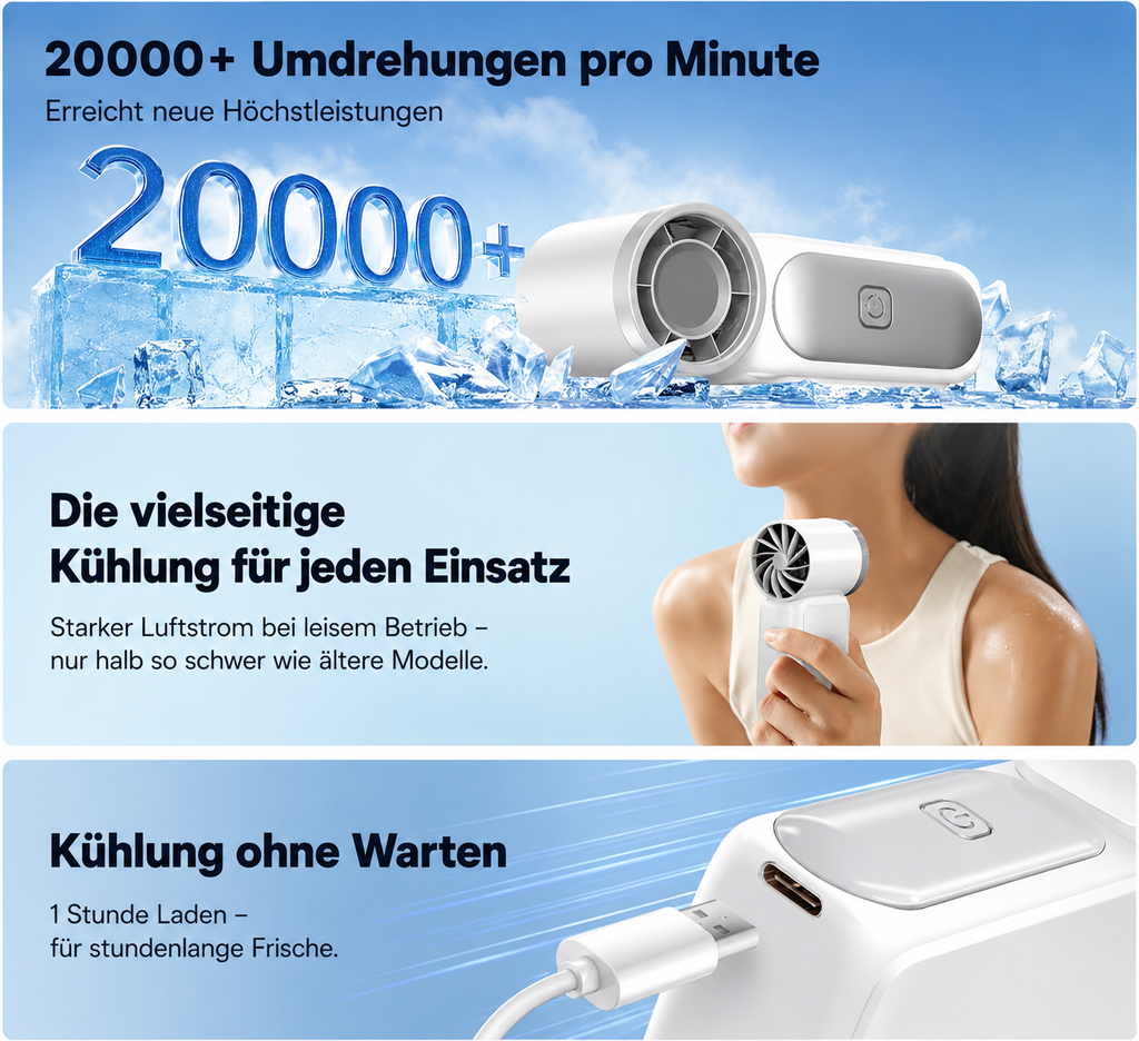 Handlicher Mini-Ventilator mit Digitalanzeige – USB-C wiederaufladbar, 100 Geschwindigkeitsstufen, leise & leistungsstark