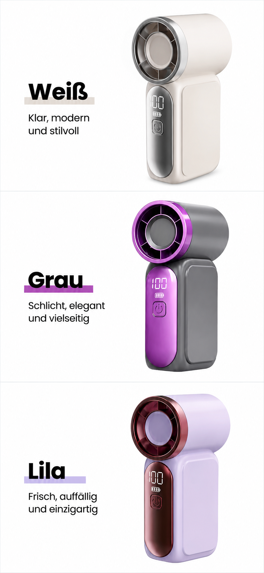 Handlicher Mini-Ventilator mit Digitalanzeige – USB-C wiederaufladbar, 100 Geschwindigkeitsstufen, leise & leistungsstark