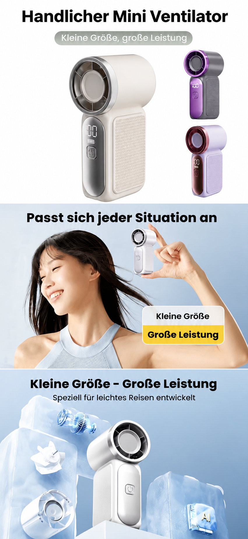 Handlicher Mini-Ventilator mit Digitalanzeige – USB-C wiederaufladbar, 100 Geschwindigkeitsstufen, leise & leistungsstark